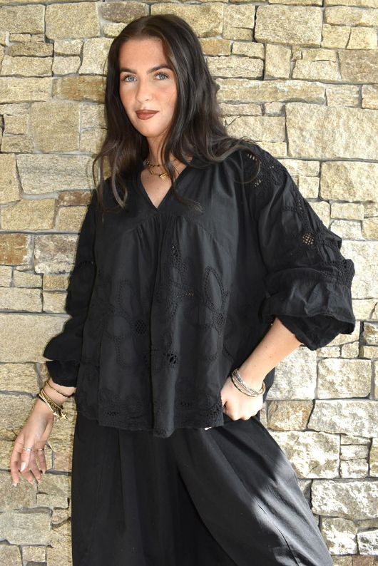 Ida Embroidered Smock Blouse Black /17=